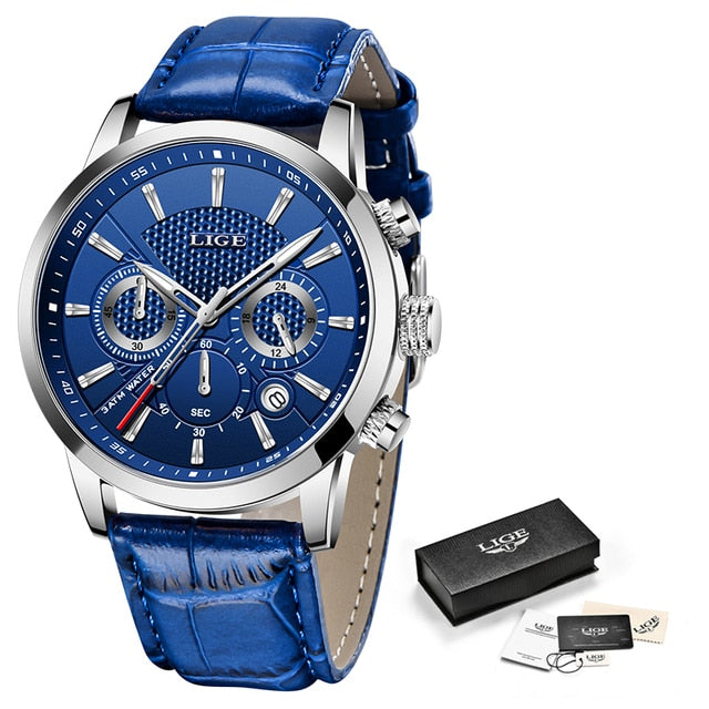 Leather Chronograph Waterproof Sport Automatic Date Quartz Men Watch