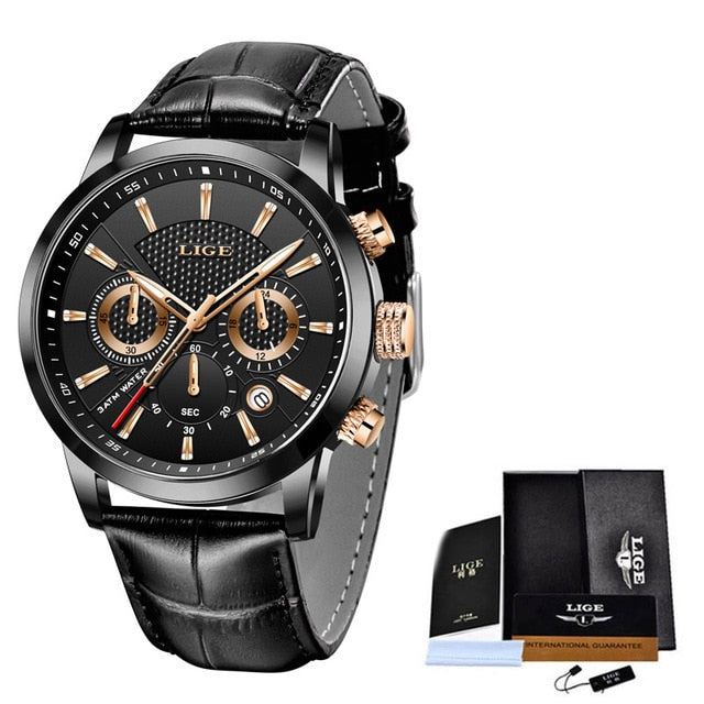 Leather Chronograph Waterproof Sport Automatic Date Quartz Men Watch