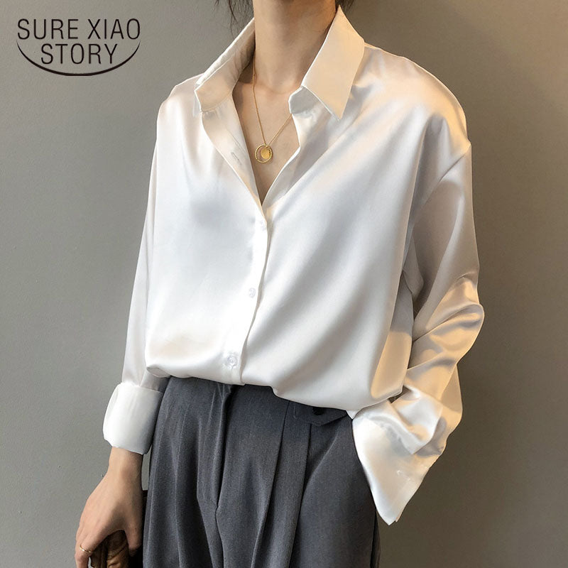 Button Up Satin Silk Vintage Women Blouse