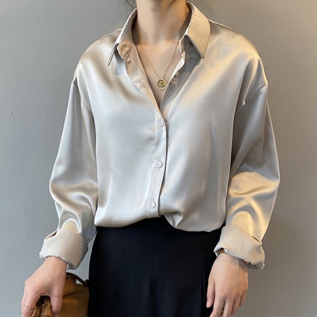 Button Up Satin Silk Vintage Women Blouse