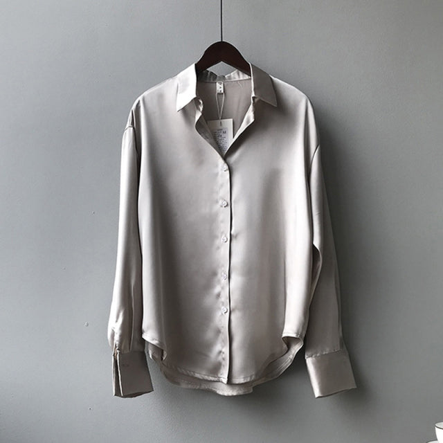 Button Up Satin Silk Vintage Women Blouse