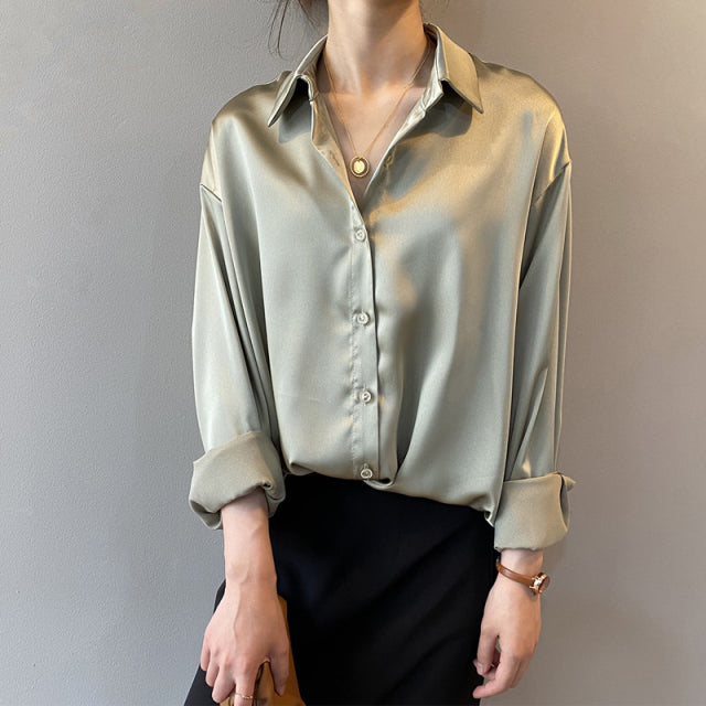 Button Up Satin Silk Vintage Women Blouse
