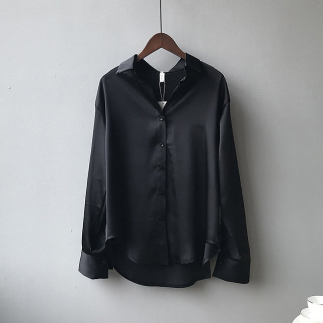 Button Up Satin Silk Vintage Women Blouse