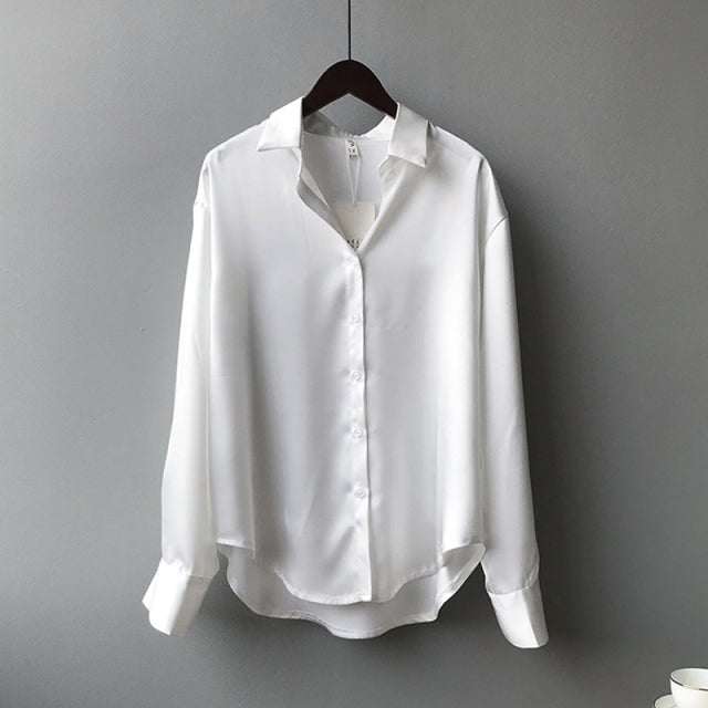 Button Up Satin Silk Vintage Women Blouse