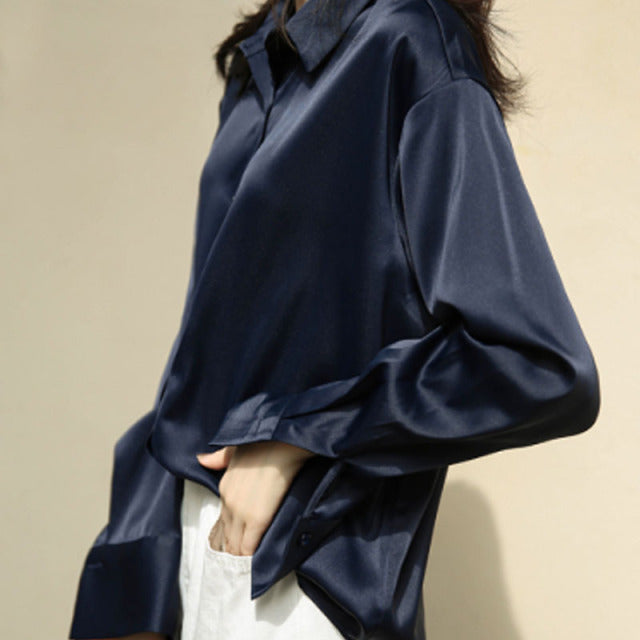 Button Up Satin Silk Vintage Women Blouse