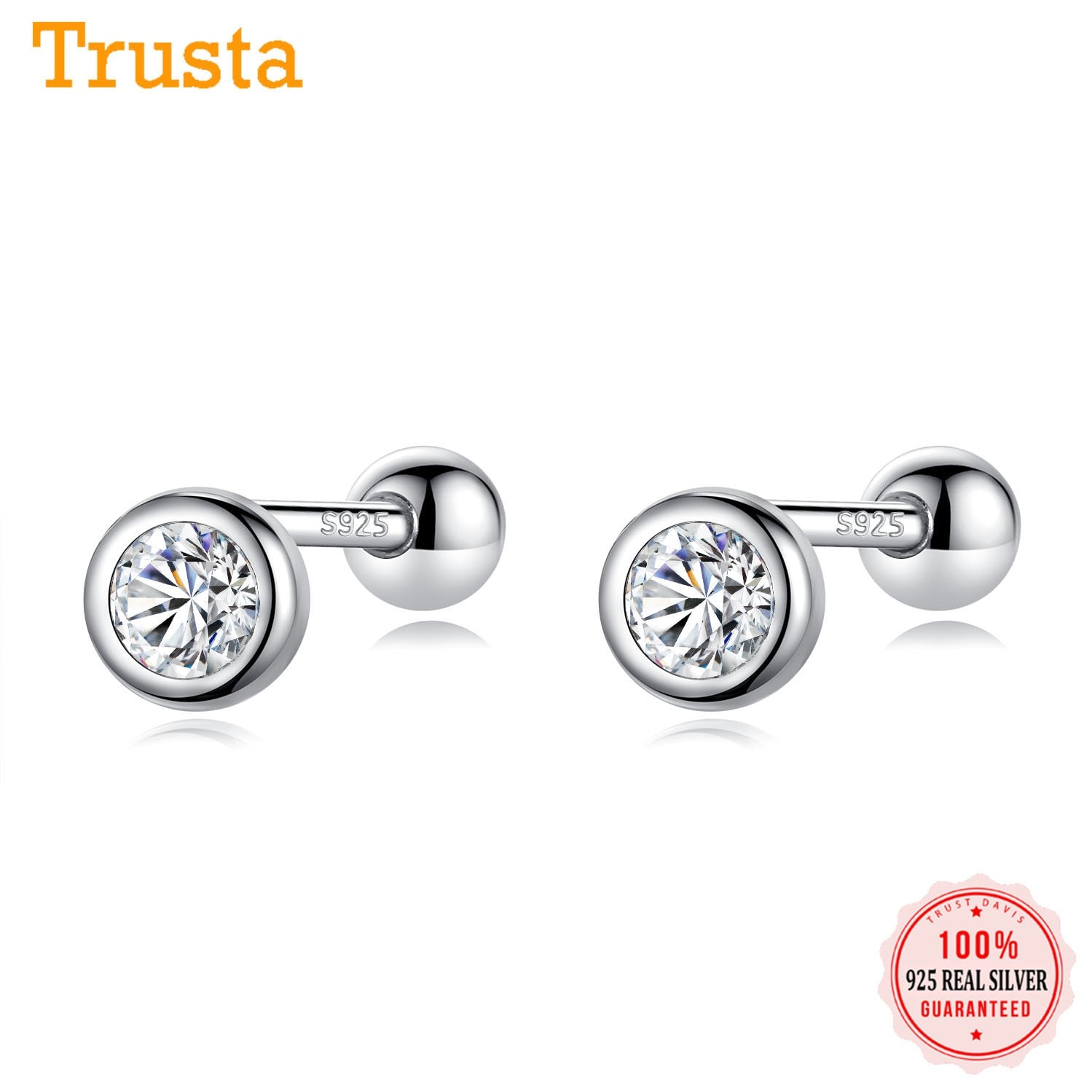 Trustdavis Real 925 Sterling Silver Round CZ Screw Beads Stud Earrings