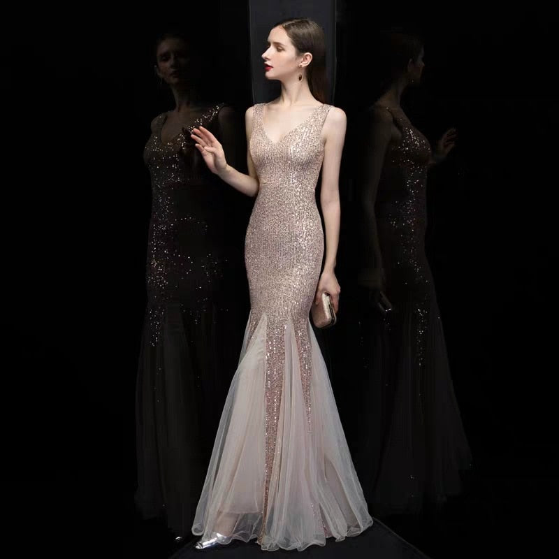 Plus Size V Neck Mermaid Cocktail Long Sequins Sleeveless Evening Dress