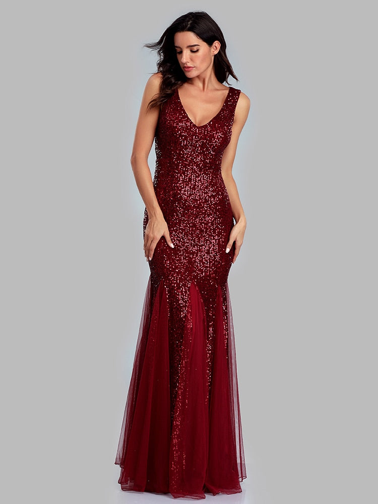 Plus Size V Neck Mermaid Cocktail Long Sequins Sleeveless Evening Dress
