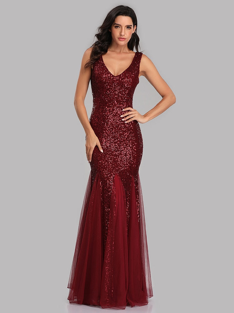 Plus Size V Neck Mermaid Cocktail Long Sequins Sleeveless Evening Dress