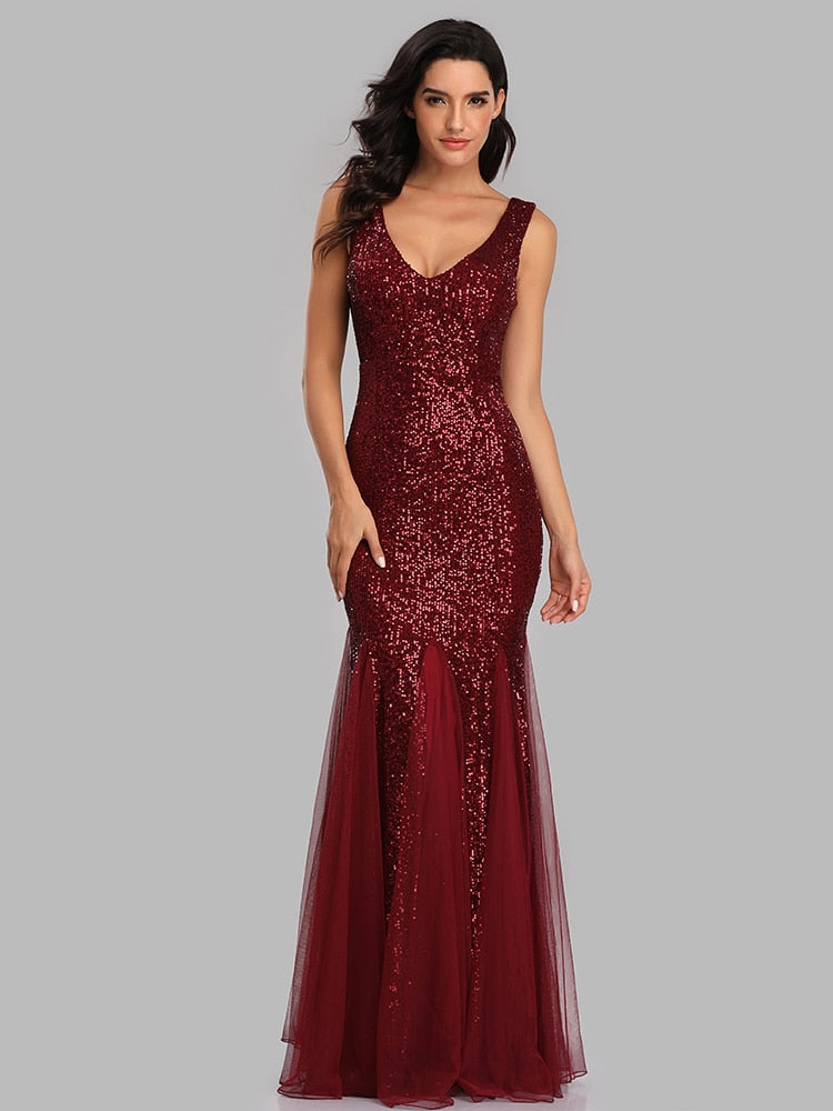 Plus Size V Neck Mermaid Cocktail Long Sequins Sleeveless Evening Dress