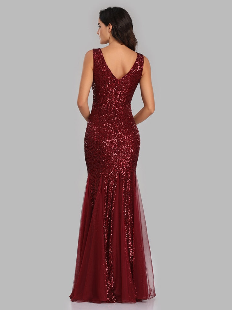 Plus Size V Neck Mermaid Cocktail Long Sequins Sleeveless Evening Dress