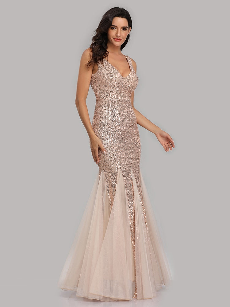 Plus Size V Neck Mermaid Cocktail Long Sequins Sleeveless Evening Dress