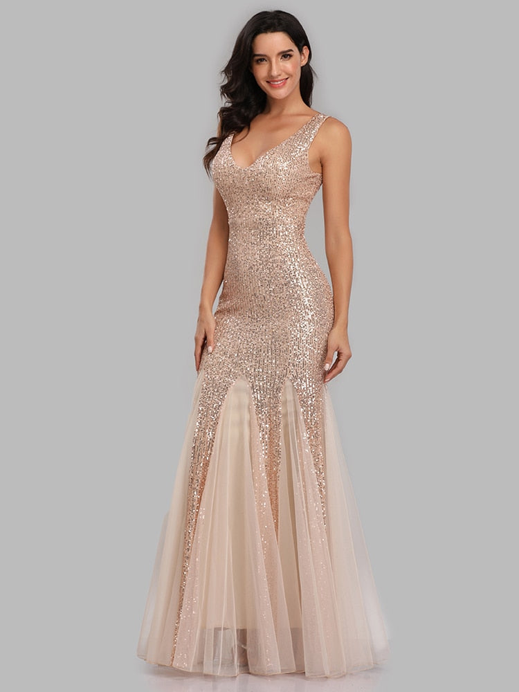 Plus Size V Neck Mermaid Cocktail Long Sequins Sleeveless Evening Dress
