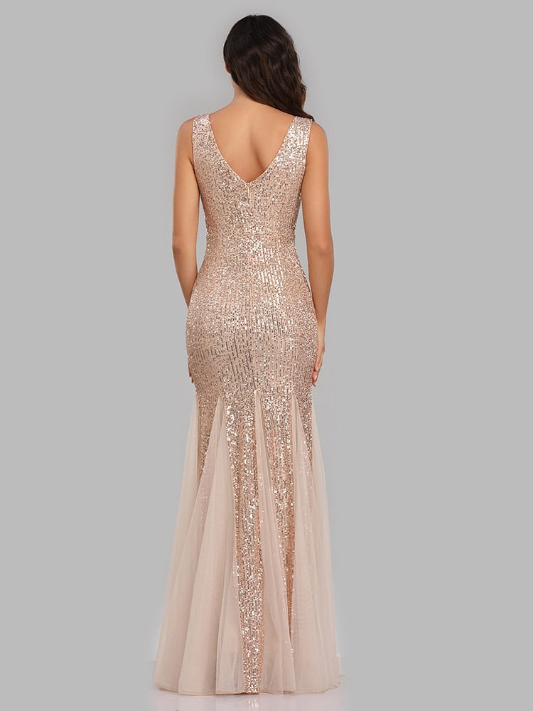 Plus Size V Neck Mermaid Cocktail Long Sequins Sleeveless Evening Dress
