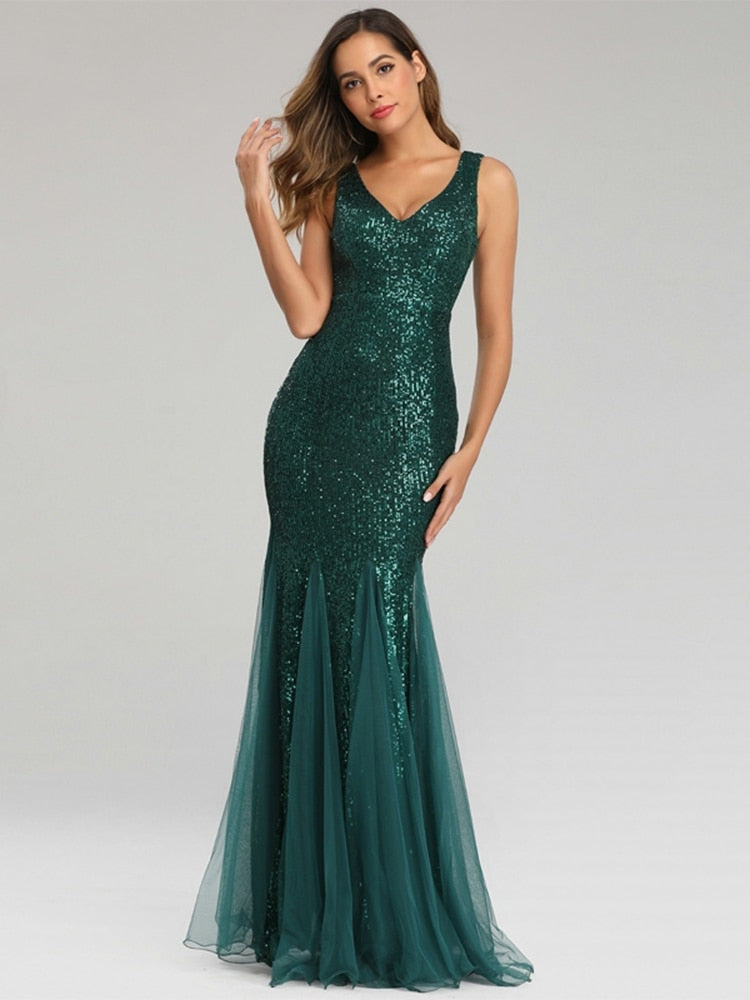 Plus Size V Neck Mermaid Cocktail Long Sequins Sleeveless Evening Dress