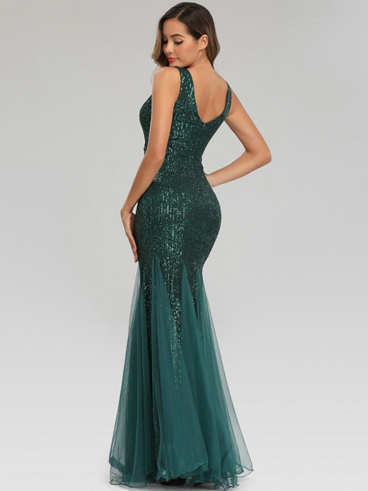 Plus Size V Neck Mermaid Cocktail Long Sequins Sleeveless Evening Dress
