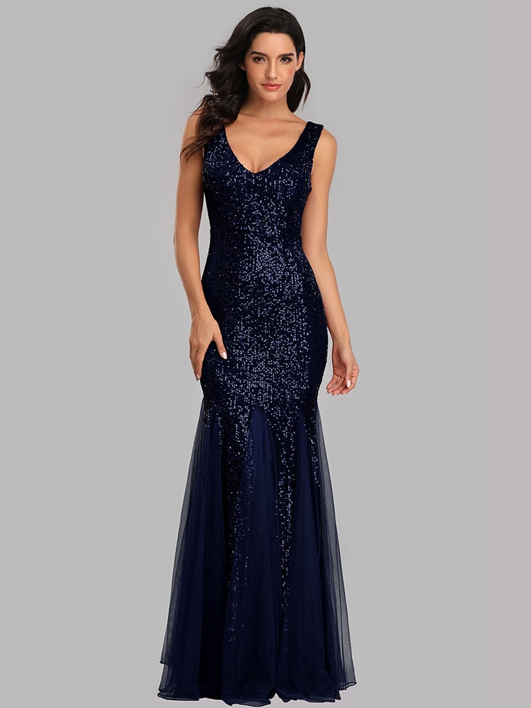 Plus Size V Neck Mermaid Cocktail Long Sequins Sleeveless Evening Dress