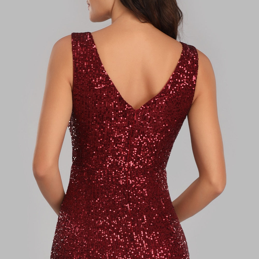 Plus Size V Neck Mermaid Cocktail Long Sequins Sleeveless Evening Dress