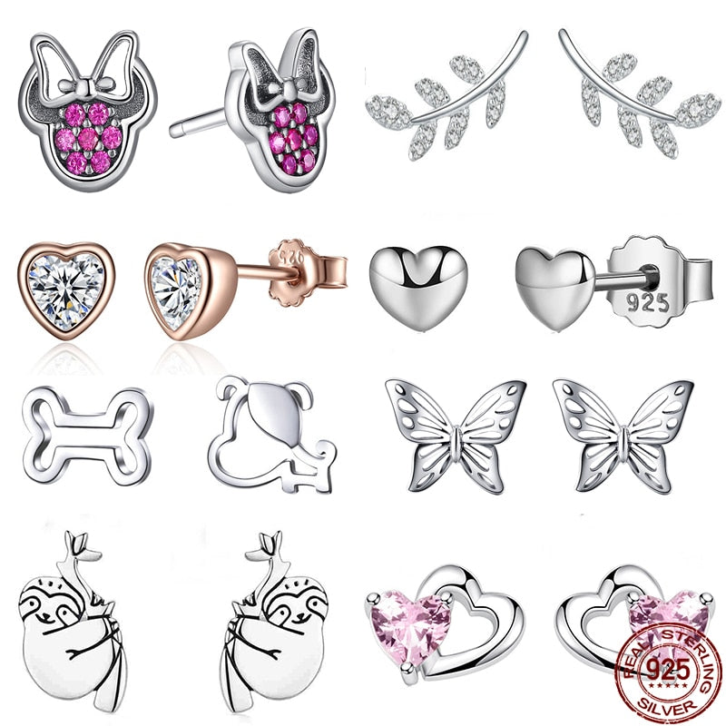 WOSTU Flower Heart Stud Earrings 100% 925 Sterling Silver Pearl Small Earrings For Women Wedding Engagement Jewelry Gifts