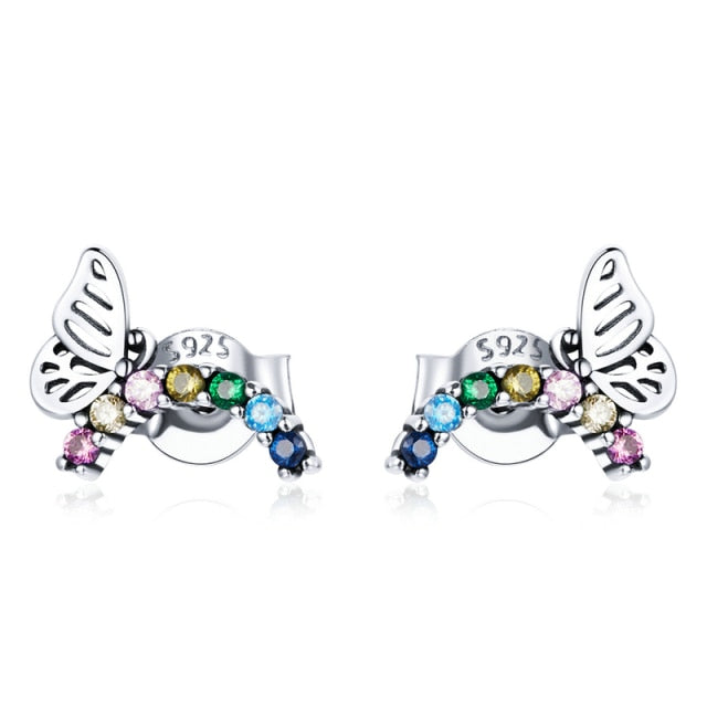 WOSTU Flower Heart Stud Earrings 100% 925 Sterling Silver Pearl Small Earrings For Women Wedding Engagement Jewelry Gifts