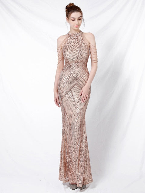 YIDINGZS Elegant Off Shoulder Sequin Evening Bodycon Maxi Dress