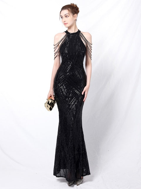 YIDINGZS Elegant Off Shoulder Sequin Evening Bodycon Maxi Dress