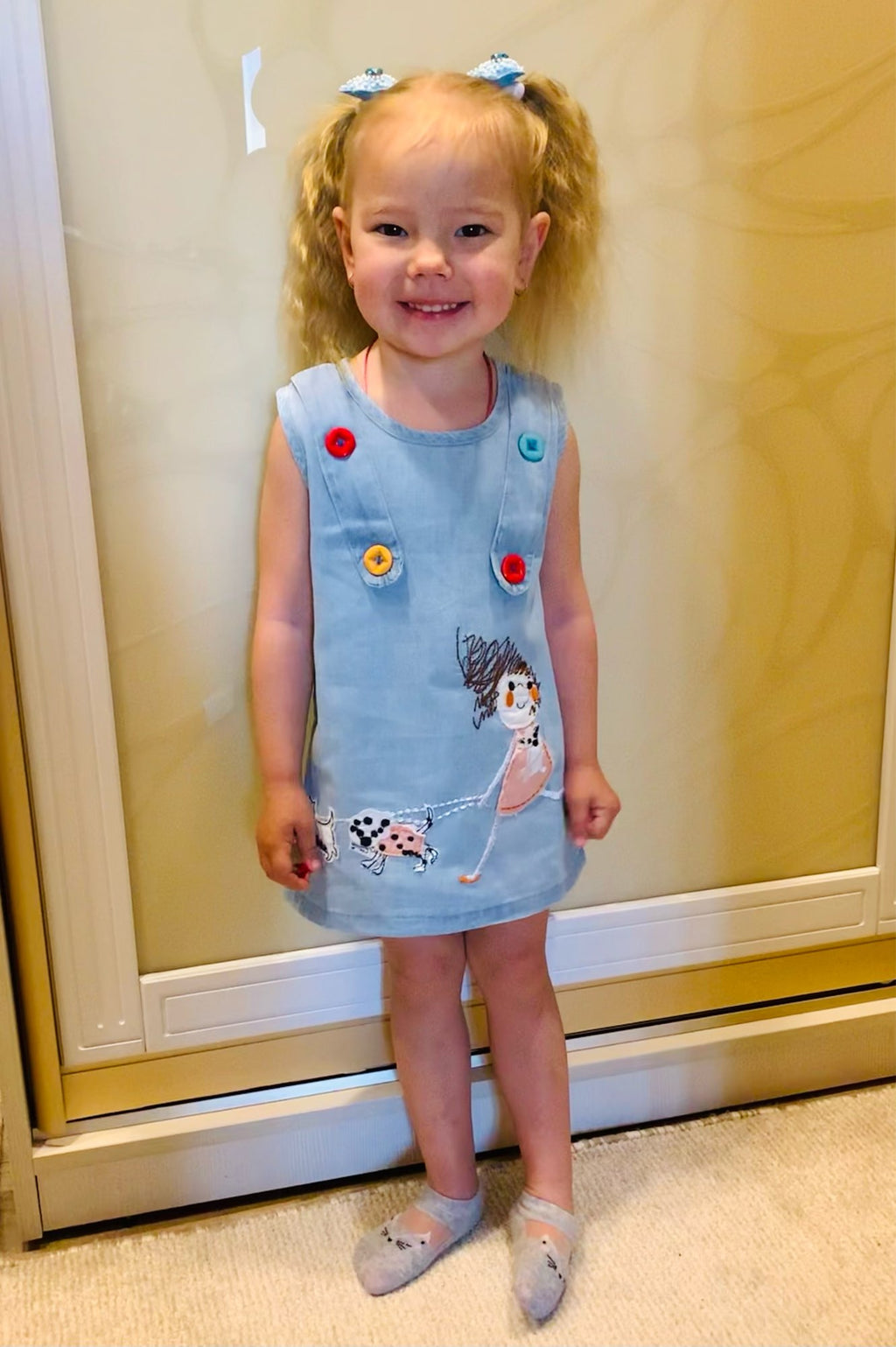 Little Girl Embroidery Cartoon Dog Tank Denim Dresses