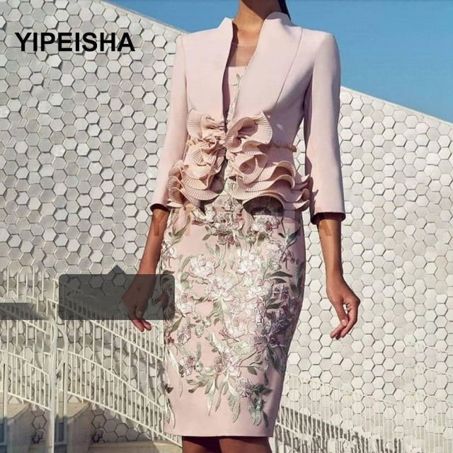 Pale Pink Mother Of the Bride Dresses with 3/4 Long Sleeve Lace Ruffles Knee-length Women Formal Party Wedding Guest платье