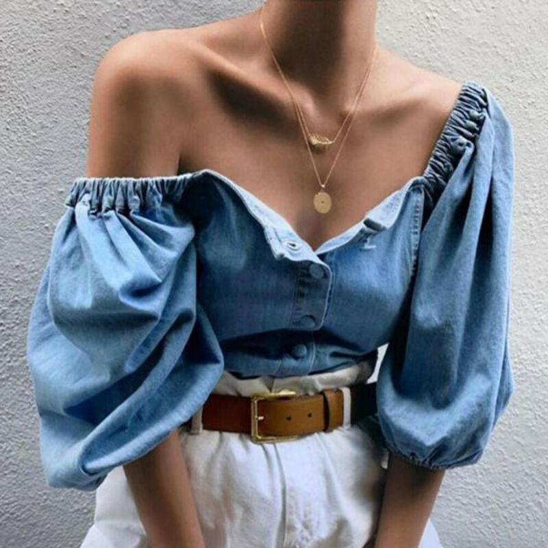 Wsevypo Vintage Off Shoulder Half Lantern Sleeve Ladies Denim Shirt