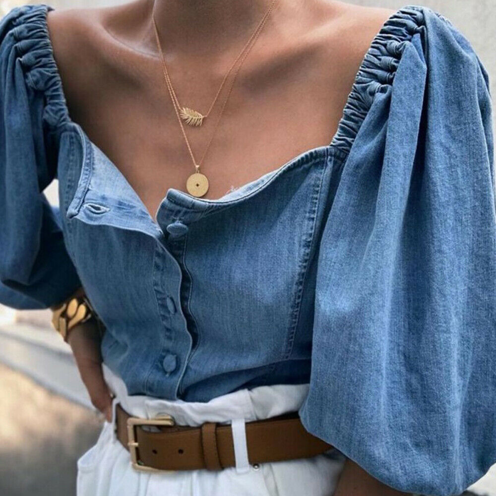 Wsevypo Vintage Off Shoulder Half Lantern Sleeve Ladies Denim Shirt