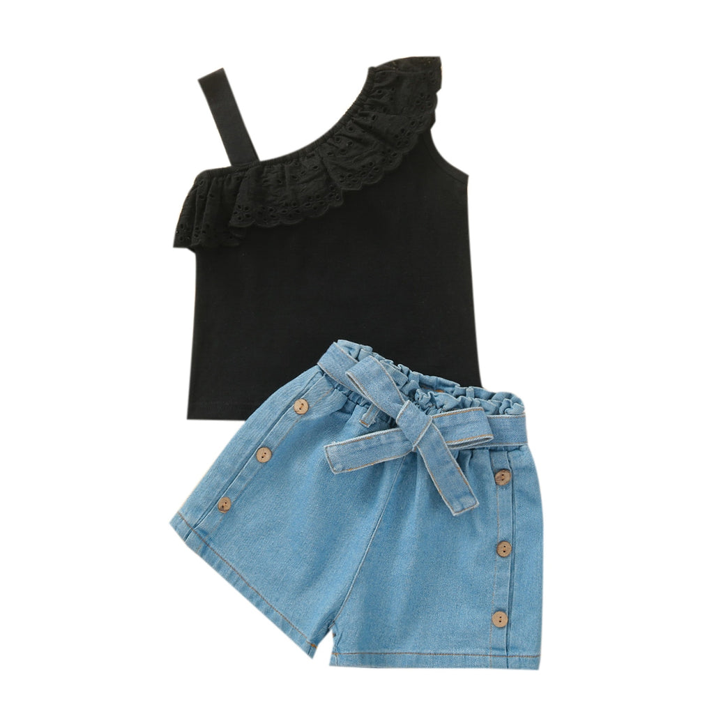 Girls Lace Flounce Sleeveless and Elastic Waist Denim Shorts