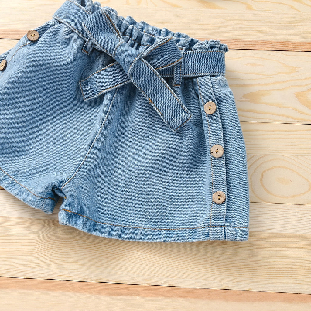 Girls Lace Flounce Sleeveless and Elastic Waist Denim Shorts