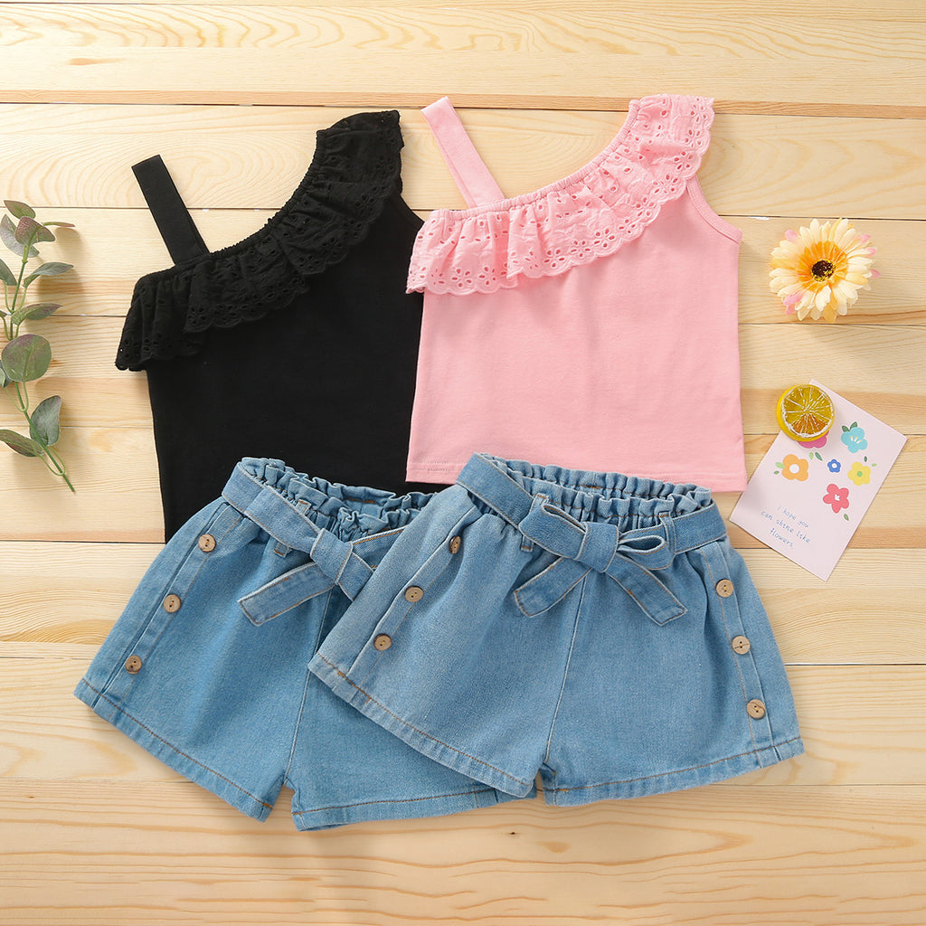 Girls Lace Flounce Sleeveless and Elastic Waist Denim Shorts