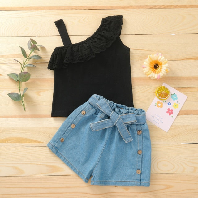 Girls Lace Flounce Sleeveless and Elastic Waist Denim Shorts