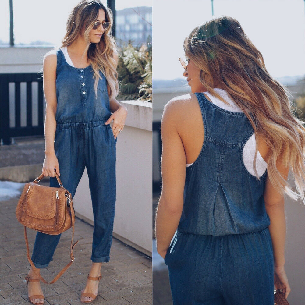 Xiaxioanny Denim Wash Sleeveless Loose Ladies Jumpsuit