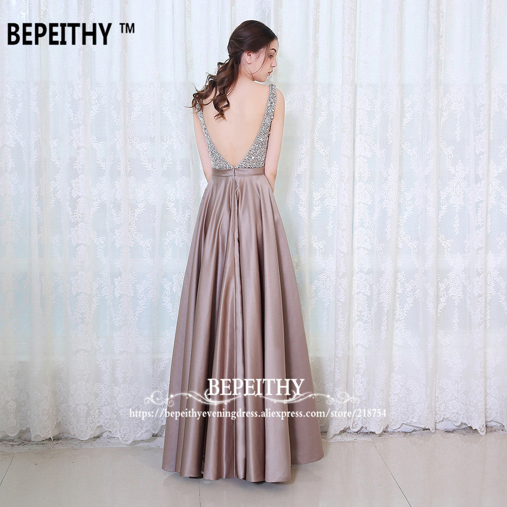 C2C Mall-BEPEITHY V-Neck Beads Bodice Open Back A Line Long Evening Dress