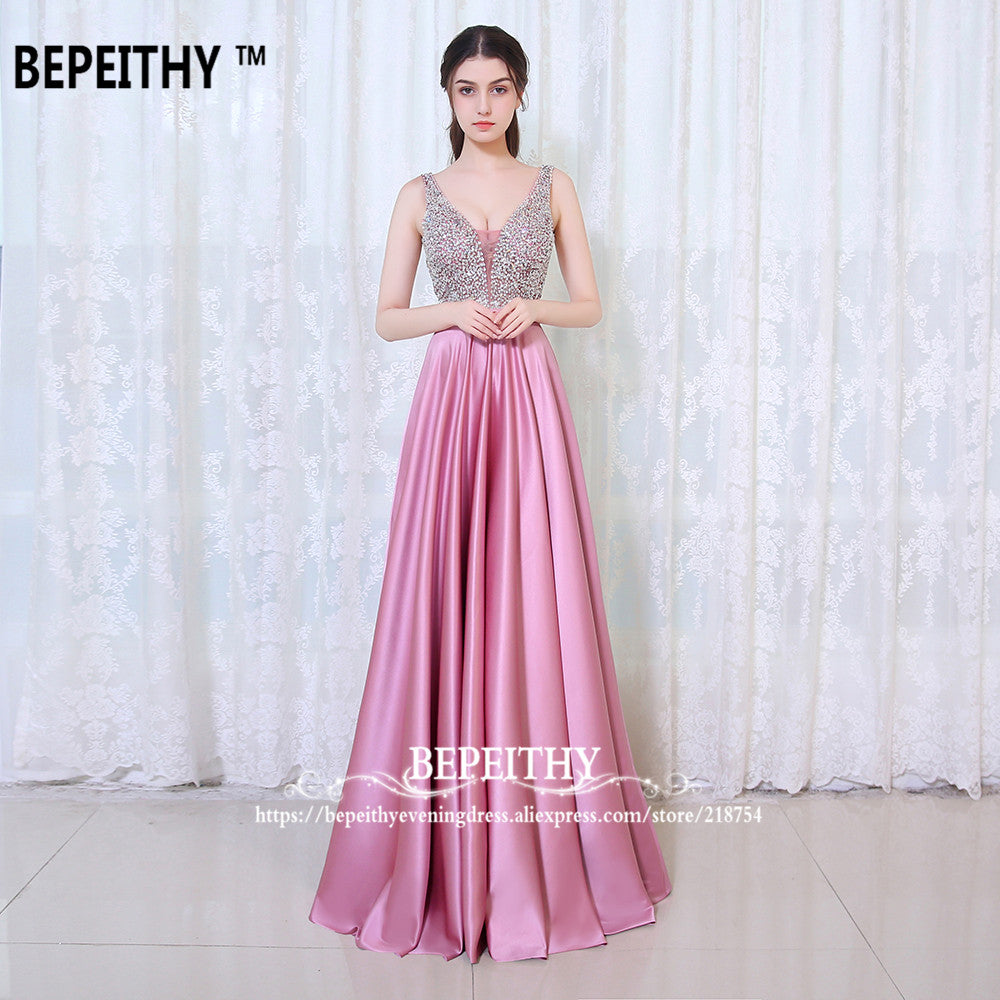 C2C Mall-BEPEITHY V-Neck Beads Bodice Open Back A Line Long Evening Dress