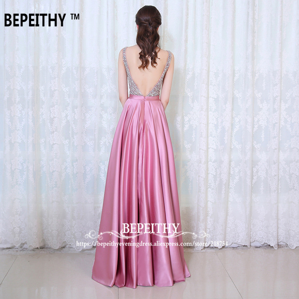 C2C Mall-BEPEITHY V-Neck Beads Bodice Open Back A Line Long Evening Dress