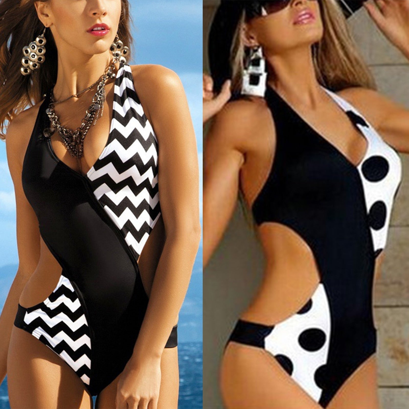 High Cut Swimsuit Women Stripe Polka Dot Color Stitching One Piece Pad Bathing Suit Lady Beachwear