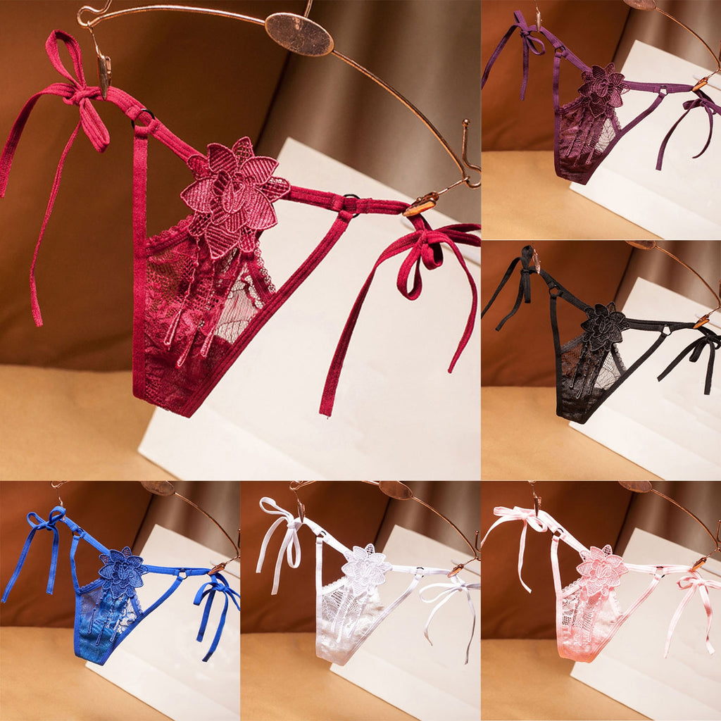 Sexy Sstrappy Breathable Ultra-Thin Lace Hollow Thong Low Waist Briefs Lingerie