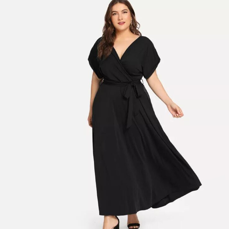 C2C Women's Solid Short Sleeve V-neck Strap Elegant Evening Maxi Dress
