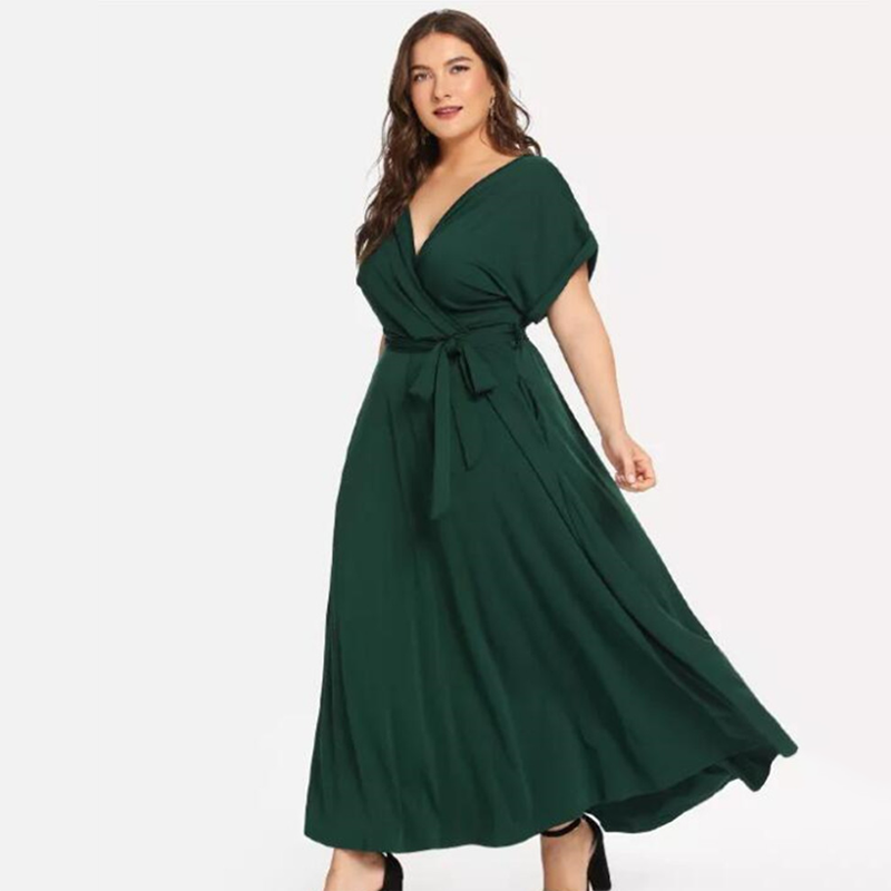 C2C Women's Solid Short Sleeve V-neck Strap Elegant Evening Maxi Dress