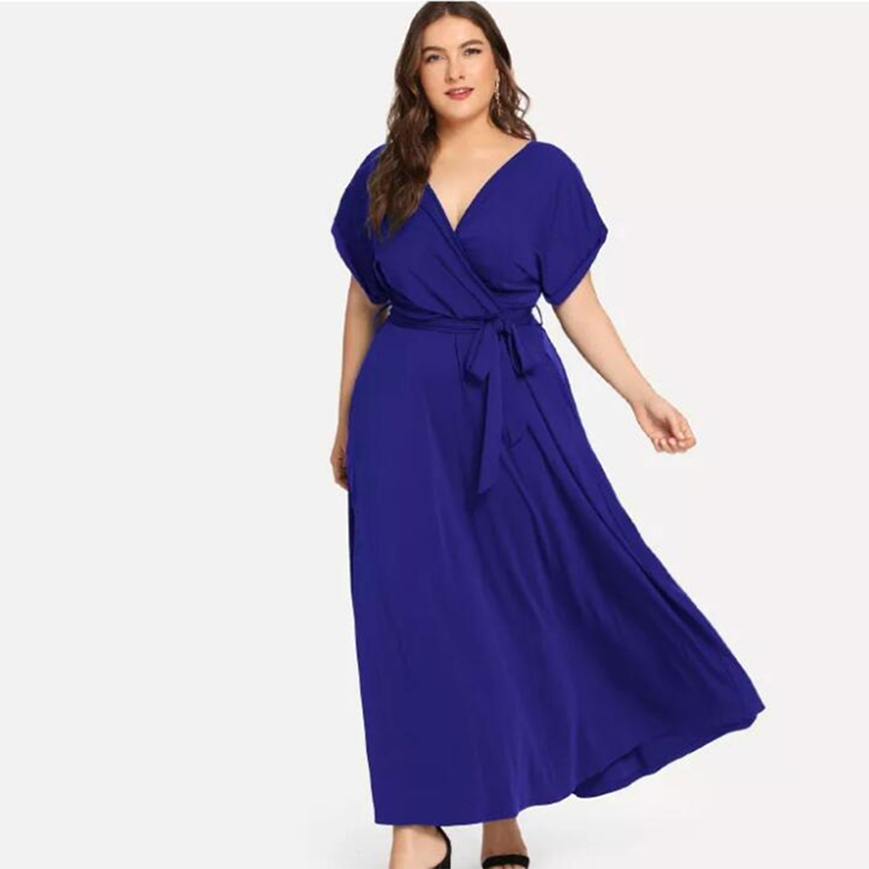 C2C Women's Solid Short Sleeve V-neck Strap Elegant Evening Maxi Dress