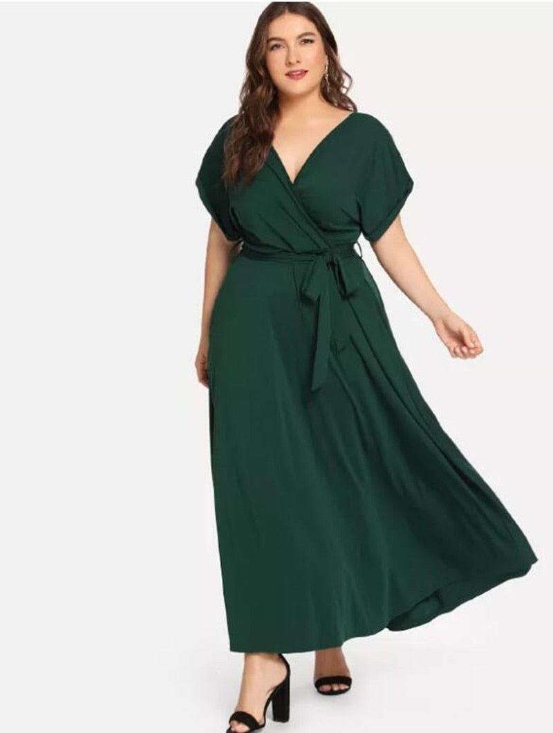 C2C Women's Solid Short Sleeve V-neck Strap Elegant Evening Maxi Dress