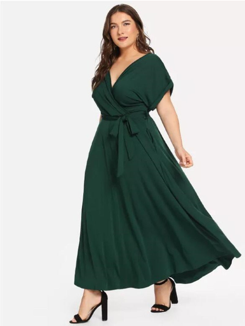 C2C Women's Solid Short Sleeve V-neck Strap Elegant Evening Maxi Dress