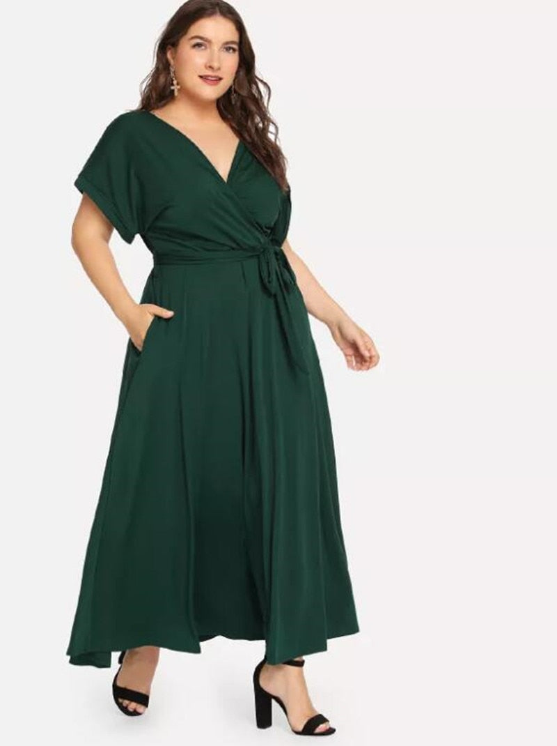 C2C Women's Solid Short Sleeve V-neck Strap Elegant Evening Maxi Dress