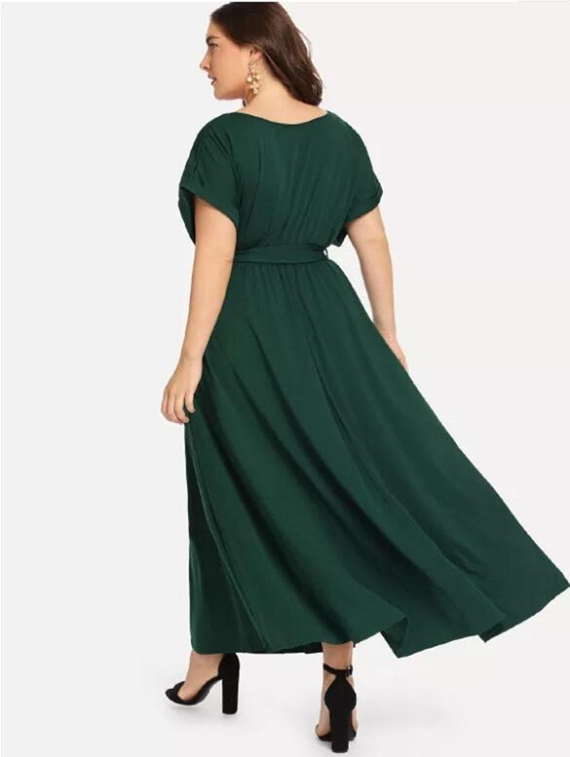 C2C Women's Solid Short Sleeve V-neck Strap Elegant Evening Maxi Dress