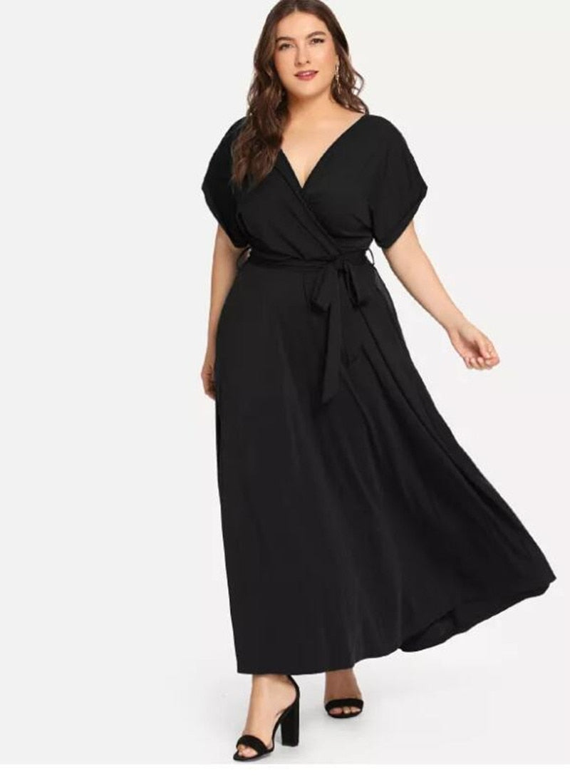 C2C Women's Solid Short Sleeve V-neck Strap Elegant Evening Maxi Dress