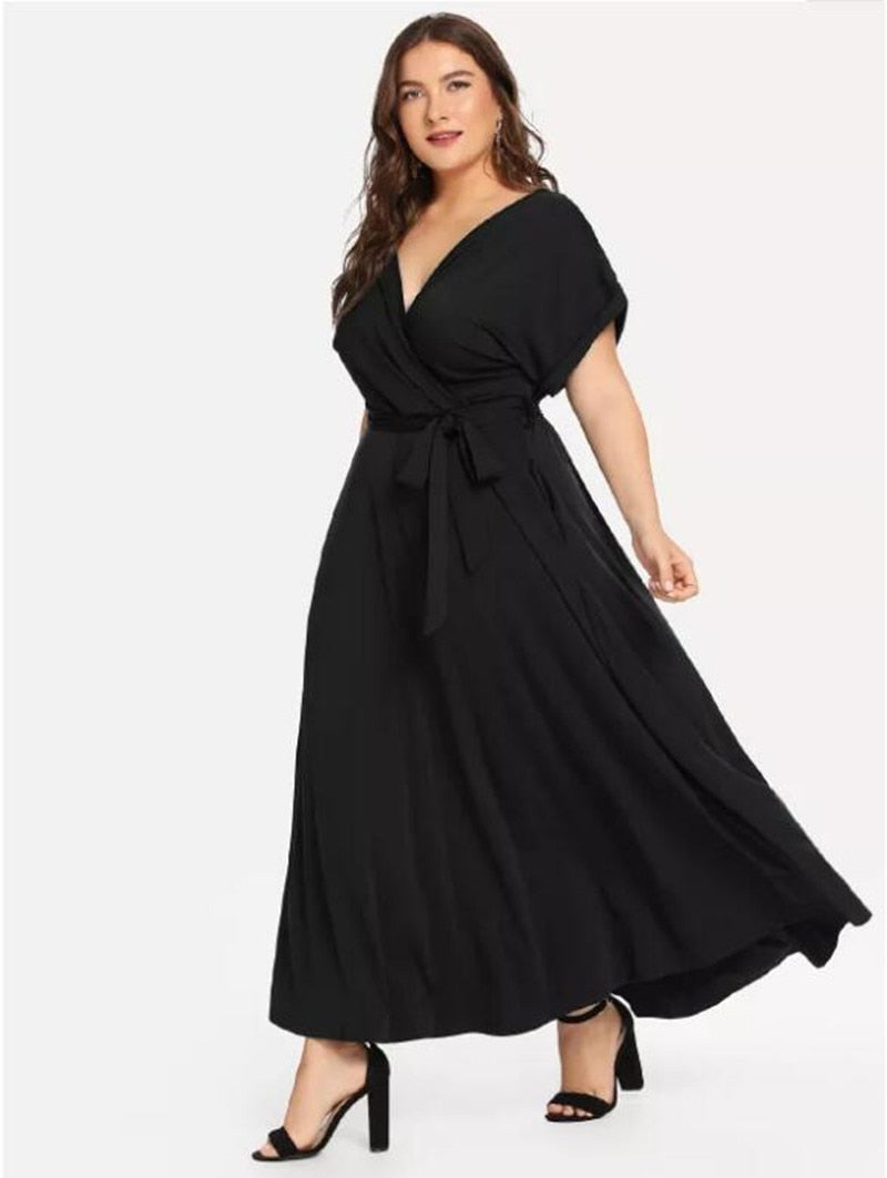 C2C Women's Solid Short Sleeve V-neck Strap Elegant Evening Maxi Dress