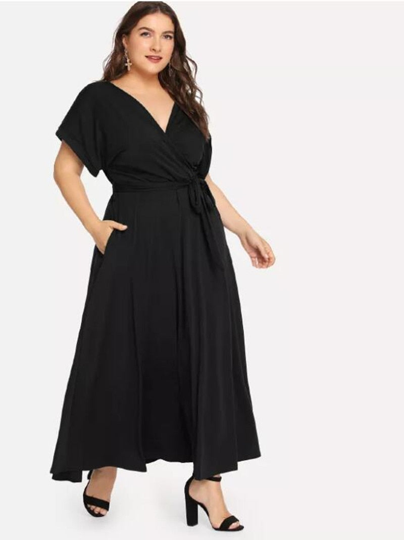 C2C Women's Solid Short Sleeve V-neck Strap Elegant Evening Maxi Dress